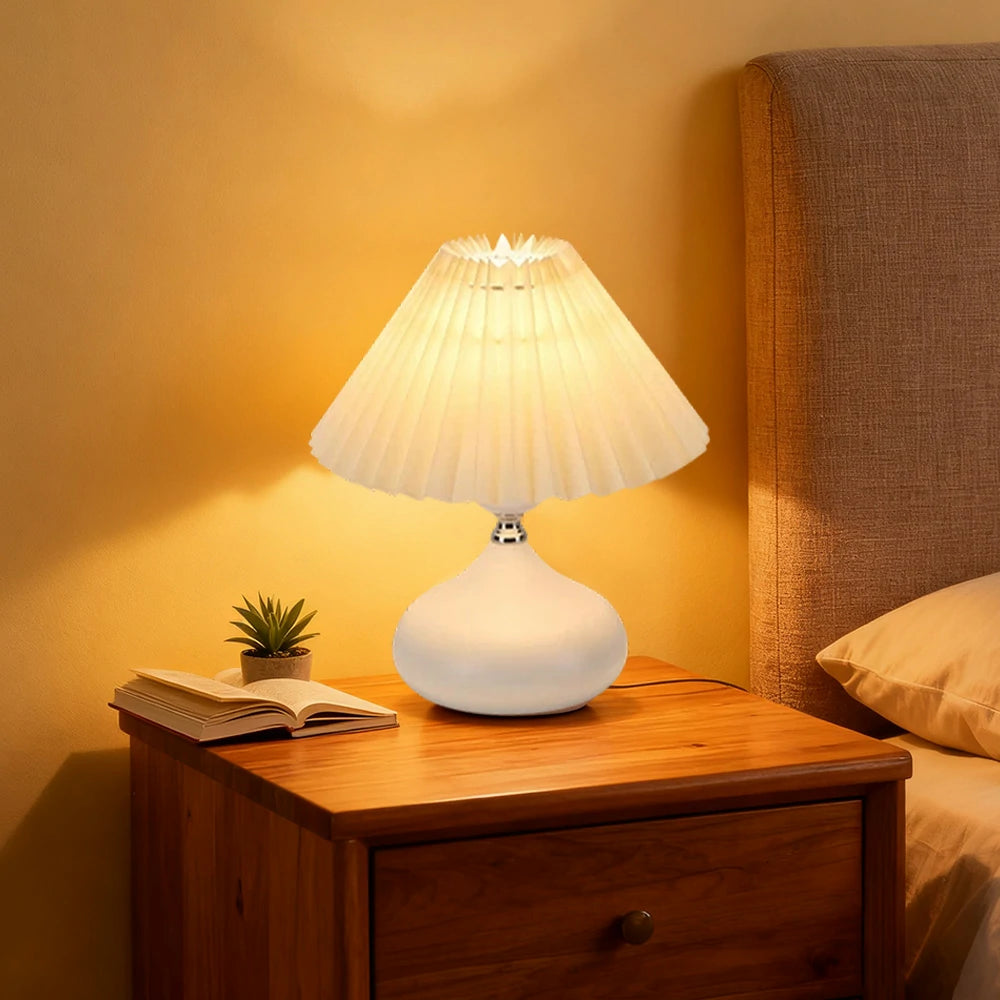 LIVARA 5W Table Lamp Three-Color Dimmable with Pleated Fabric Shade & Ceramic Base – Button Switch - White