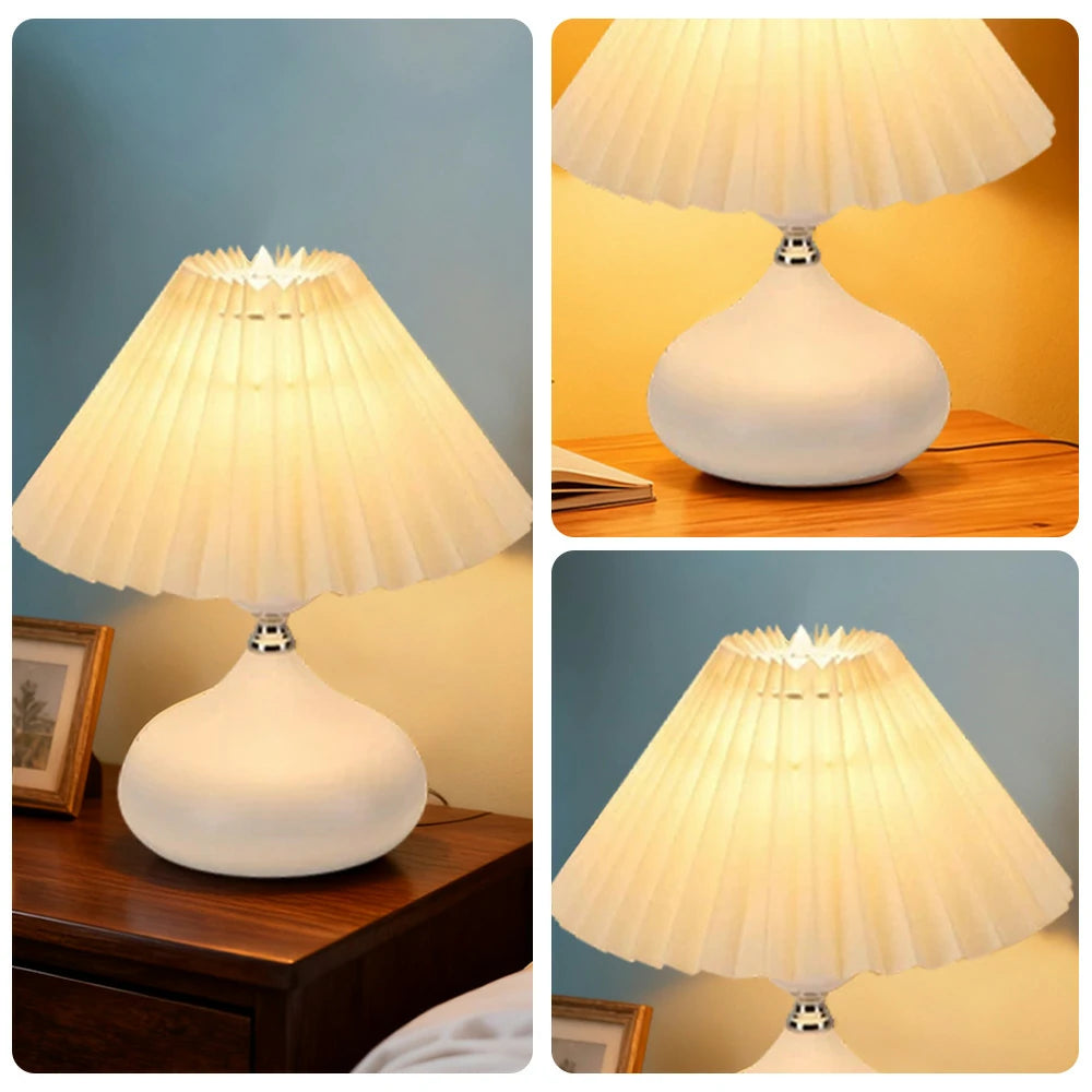 LIVARA 5W Table Lamp Three-Color Dimmable with Pleated Fabric Shade & Ceramic Base – Button Switch - White