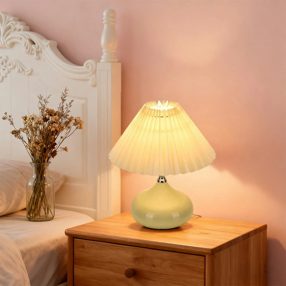 LIVARA 5W Table Lamp Three-Color Dimmable with Pleated Fabric Shade & Ceramic Base - Button Switch - Yellow