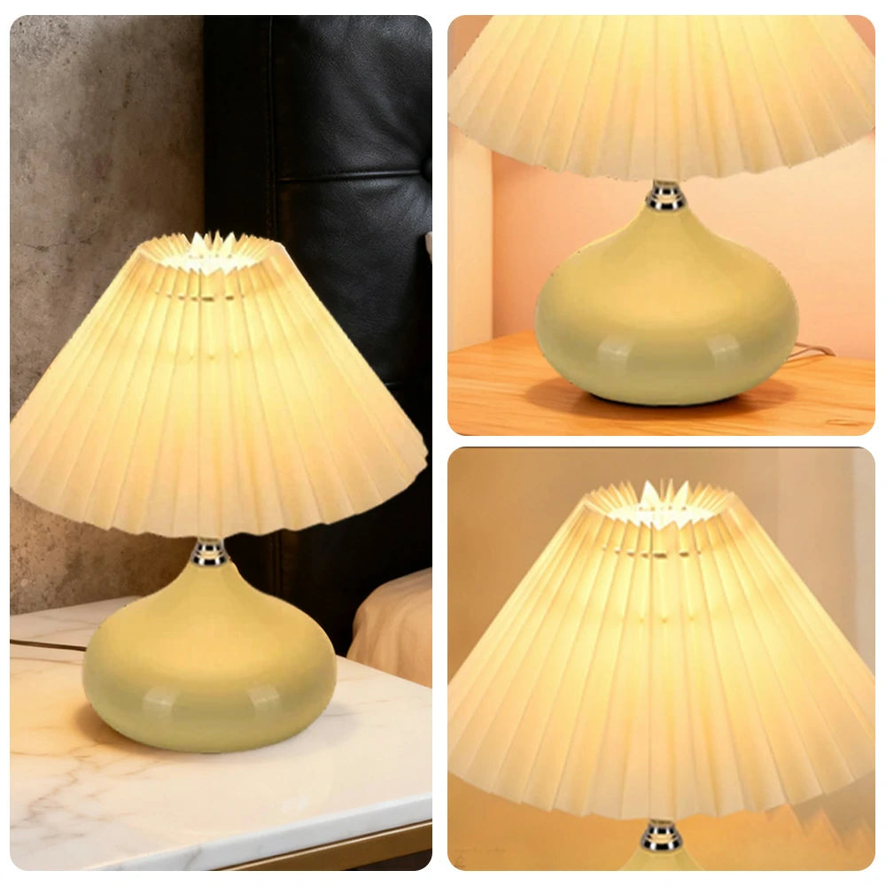 LIVARA 5W Table Lamp Three-Color Dimmable with Pleated Fabric Shade & Ceramic Base - Button Switch - Yellow