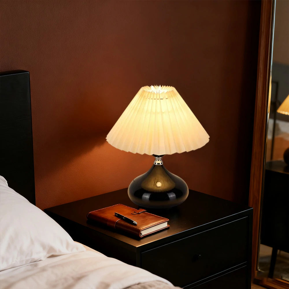 LIVARA 5W Table Lamp Three-Color Dimmable with Pleated Fabric Shade & Ceramic Base - Button Switch - Black