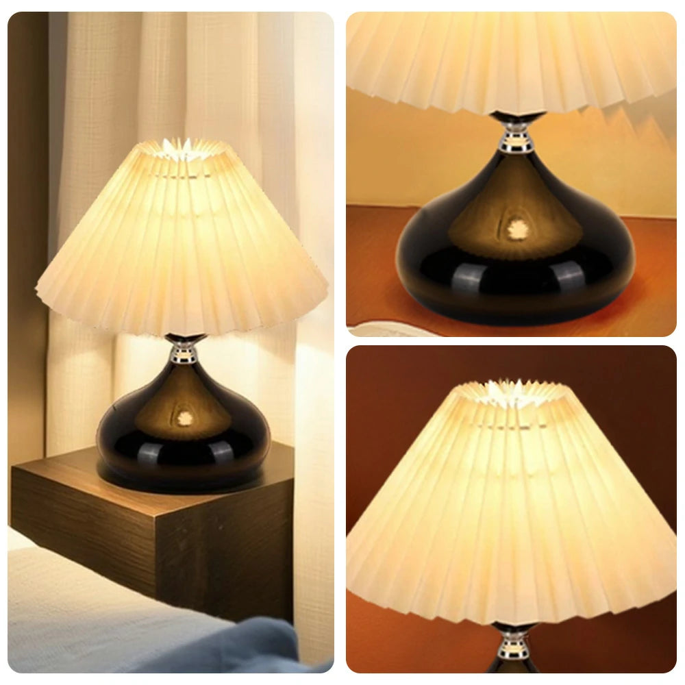 LIVARA 5W Table Lamp Three-Color Dimmable with Pleated Fabric Shade & Ceramic Base - Button Switch - Black