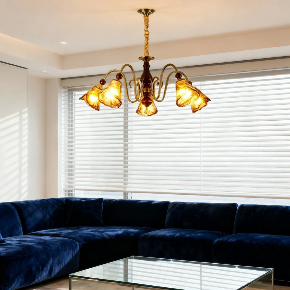 LIVARA 60W 5-Head 72cm Pendant Light Three-Color Dimmable Ceiling Lamp with Amber Glass Shades - Walnut