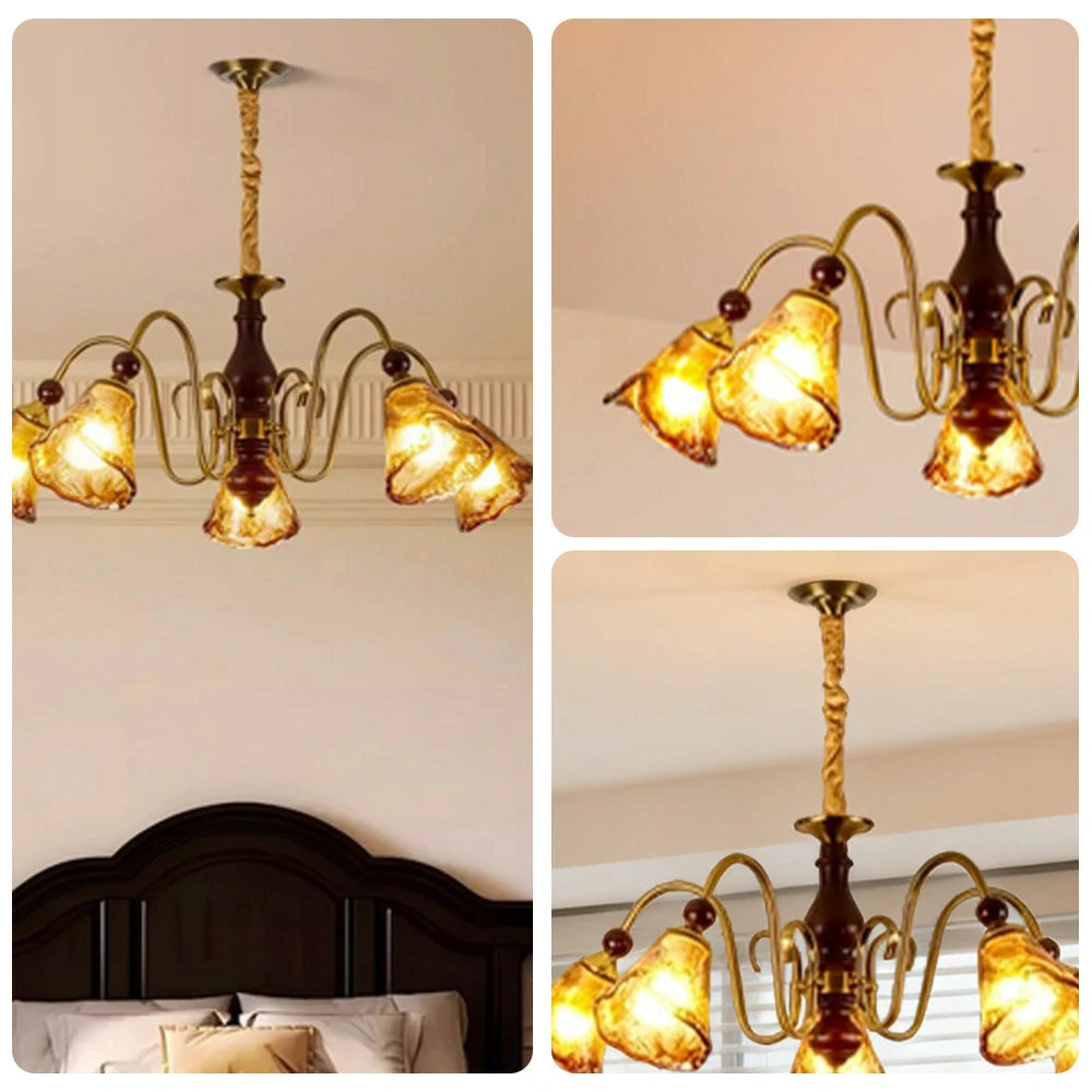 LIVARA 60W 5-Head 72cm Pendant Light Three-Color Dimmable Ceiling Lamp with Amber Glass Shades - Walnut