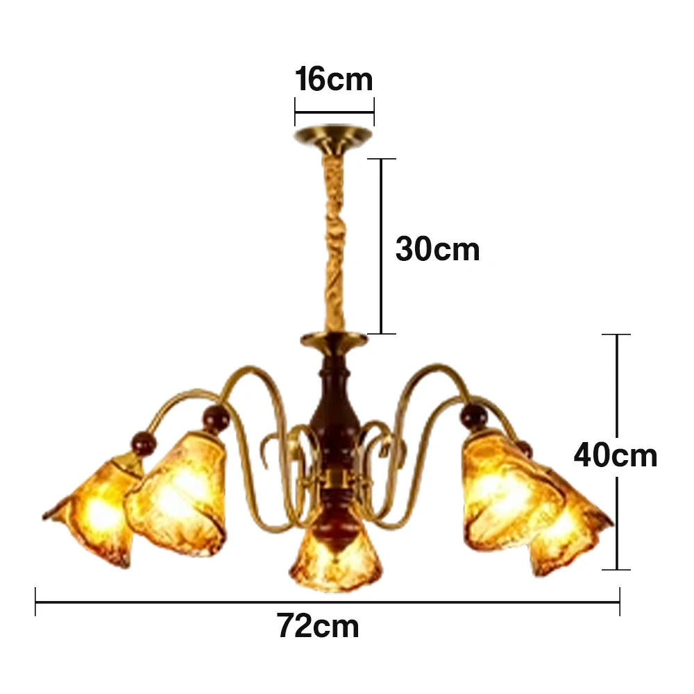 LIVARA 60W 5-Head 72cm Pendant Light Three-Color Dimmable Ceiling Lamp with Amber Glass Shades - Walnut