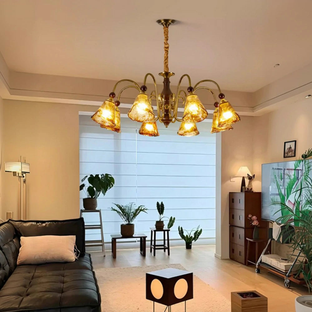 LIVARA 96W 8-Head 90cm Pendant Light Three-Color Dimmable Ceiling Lamp with Amber Glass Shades & Modern Iron Frame - Walnut