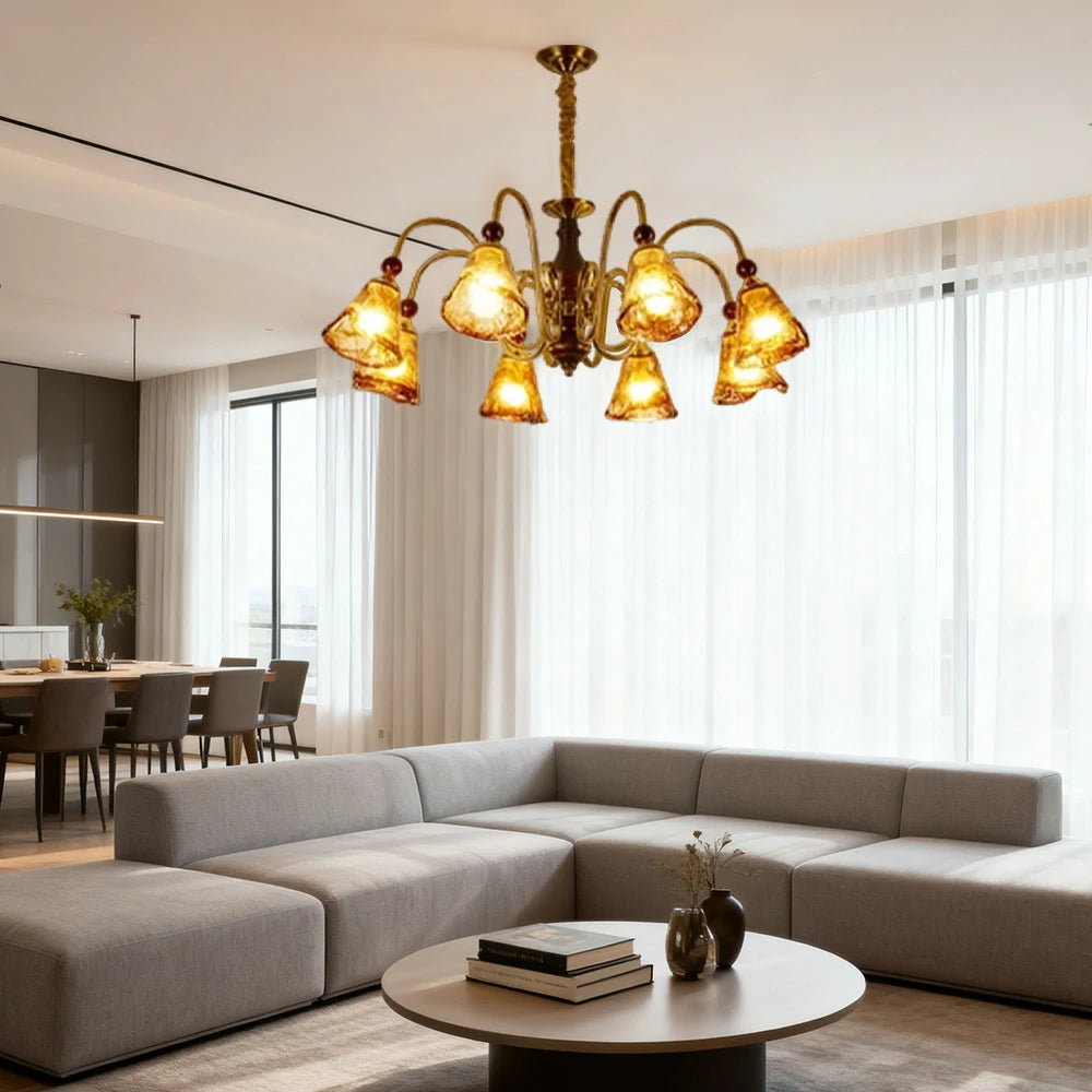 LIVARA 96W 8-Head 90cm Pendant Light Three-Color Dimmable Ceiling Lamp with Amber Glass Shades & Modern Iron Frame - Walnut