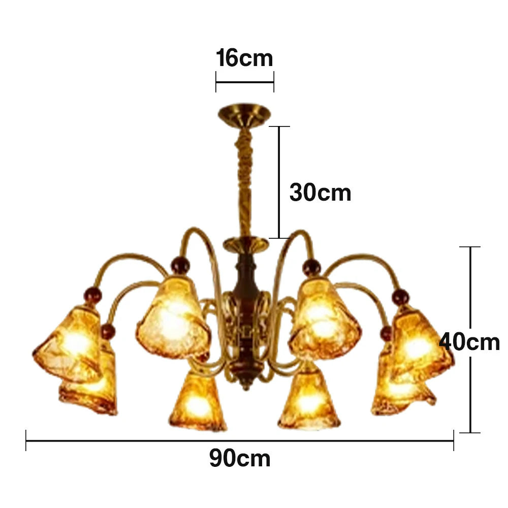 LIVARA 96W 8-Head 90cm Pendant Light Three-Color Dimmable Ceiling Lamp with Amber Glass Shades & Modern Iron Frame - Walnut
