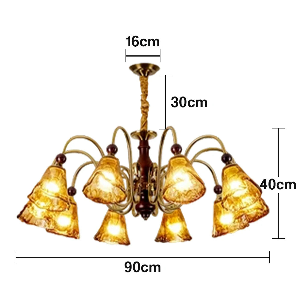 LIVARA 120W 10-Head 90cm Pendant Light Three-Color Dimmable Ceiling Lamp with Amber Glass Shades & Modern Iron Frame - Walnut