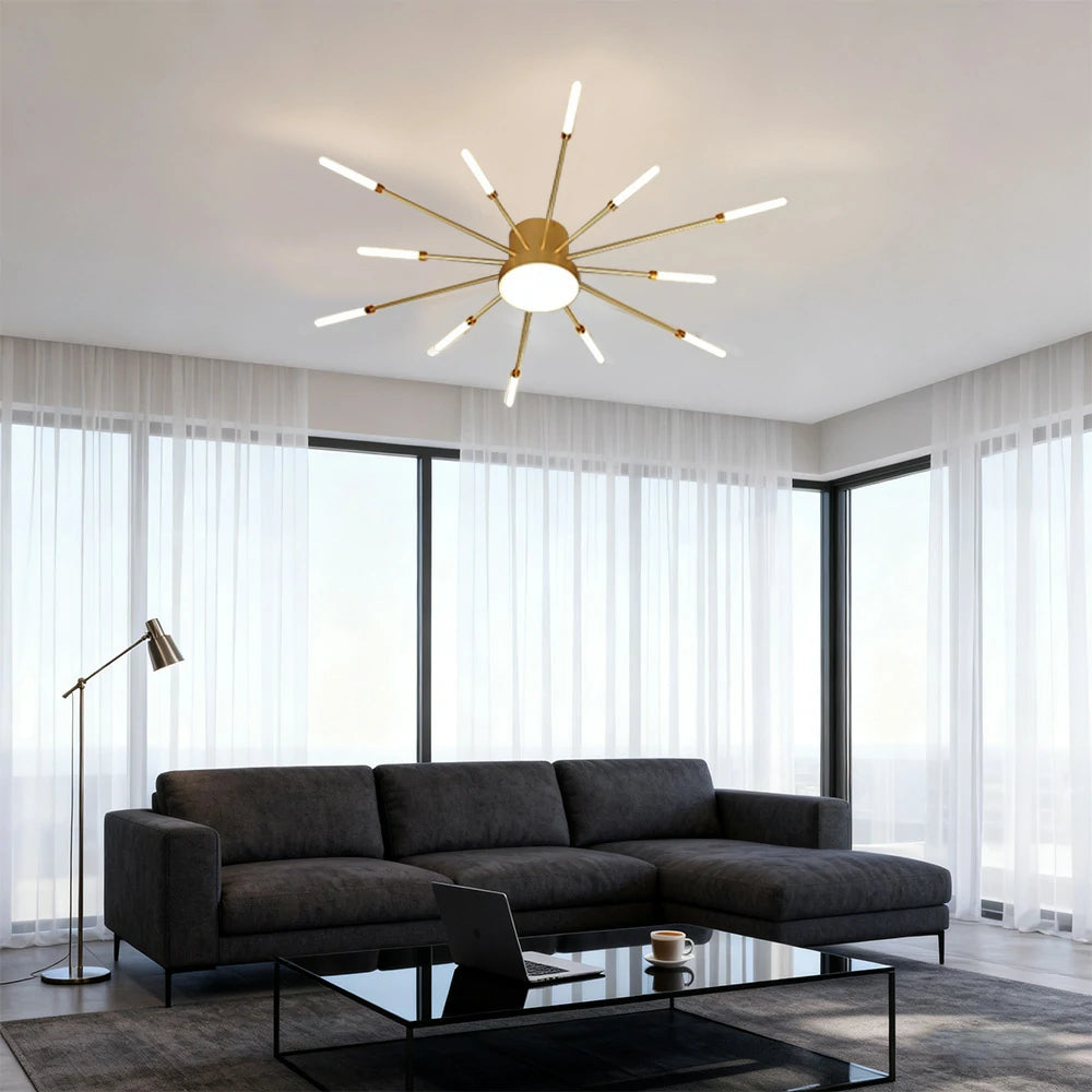 LIVARA 36W LED Ceiling Light Sparkling Firework Design with 12+1 Rotating Heads Neutral Light Modern Iron & Acrylic Fixture - Gold