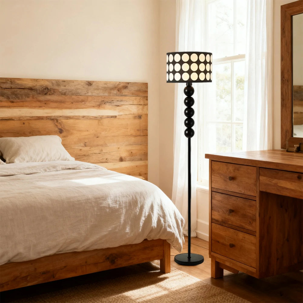 LIVARA 9W/12W Floor Lamp with Three-Color Dimmable Light, Polka Dot Fabric Shade & Modern Iron Base - Black