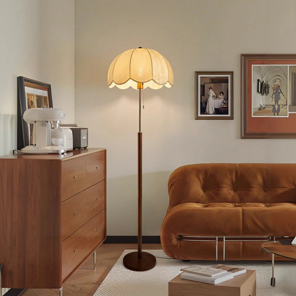 LIVARA Floor Lamp with Jacquard Fabric Shade, 9/12W Wood-Grain Iron Pole, Pull Chain – Anti-Wobble Base & Fire-Retardant Holder