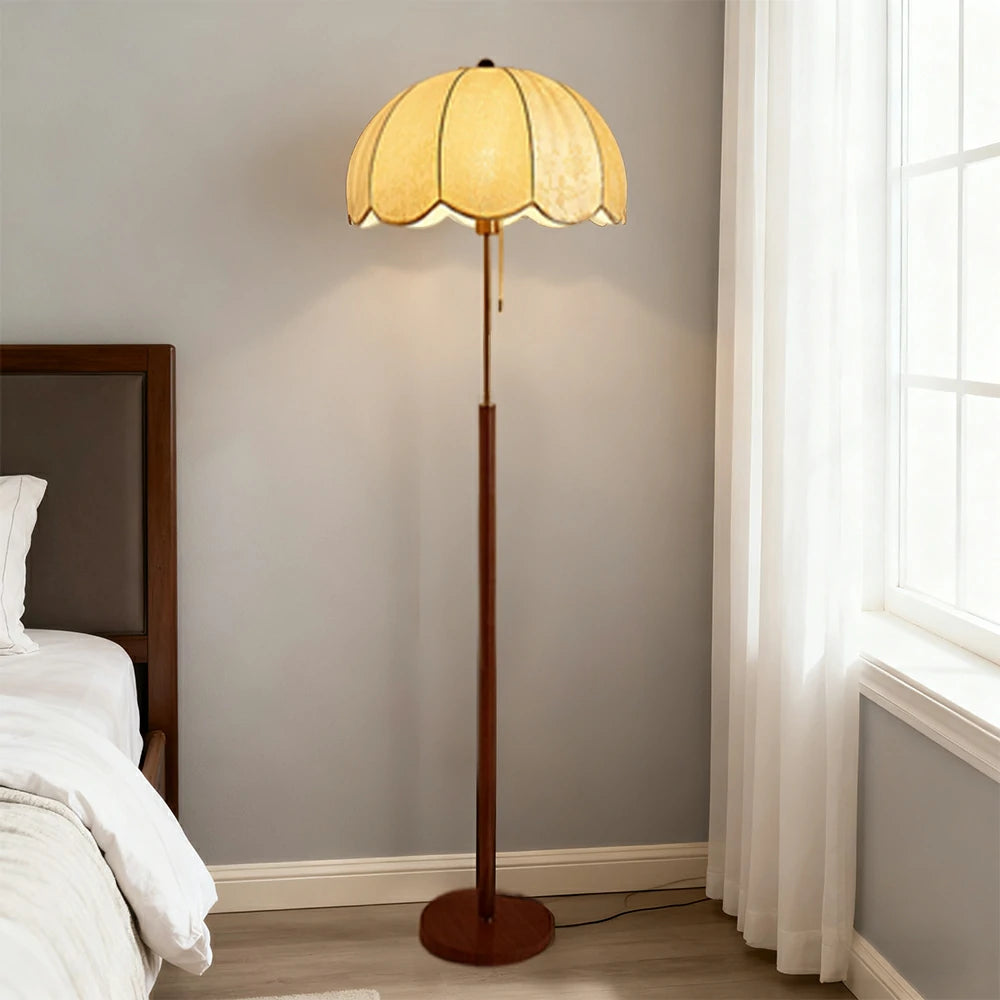LIVARA Floor Lamp with Jacquard Fabric Shade, 9/12W Wood-Grain Iron Pole, Pull Chain – Anti-Wobble Base & Fire-Retardant Holder
