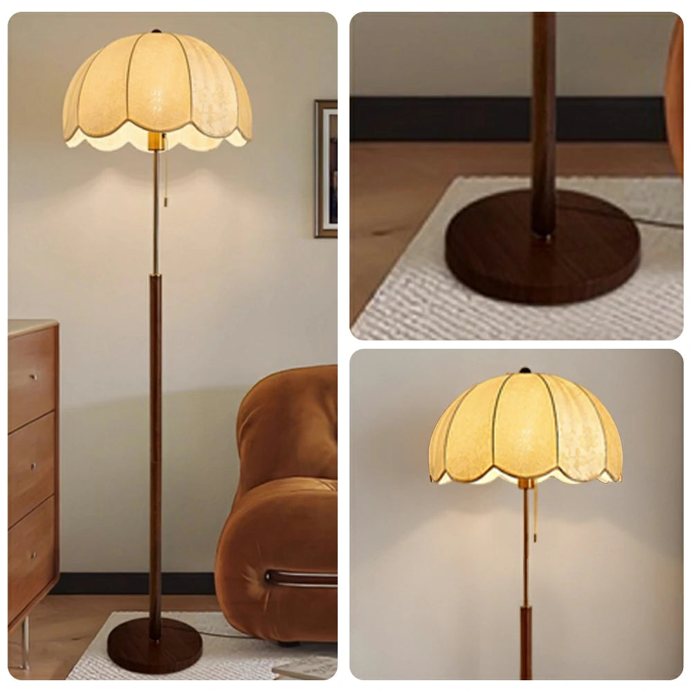LIVARA Floor Lamp with Jacquard Fabric Shade, 9/12W Wood-Grain Iron Pole, Pull Chain – Anti-Wobble Base & Fire-Retardant Holder