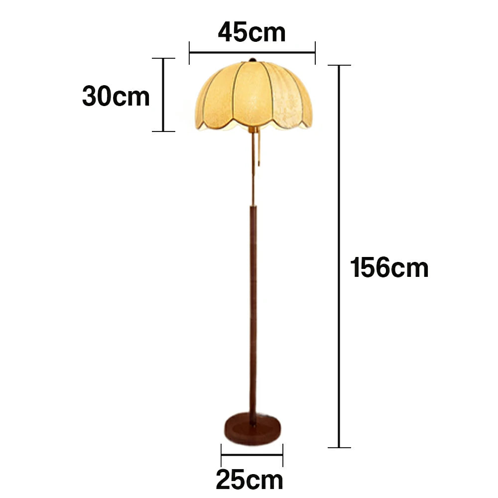 LIVARA Floor Lamp with Jacquard Fabric Shade, 9/12W Wood-Grain Iron Pole, Pull Chain – Anti-Wobble Base & Fire-Retardant Holder