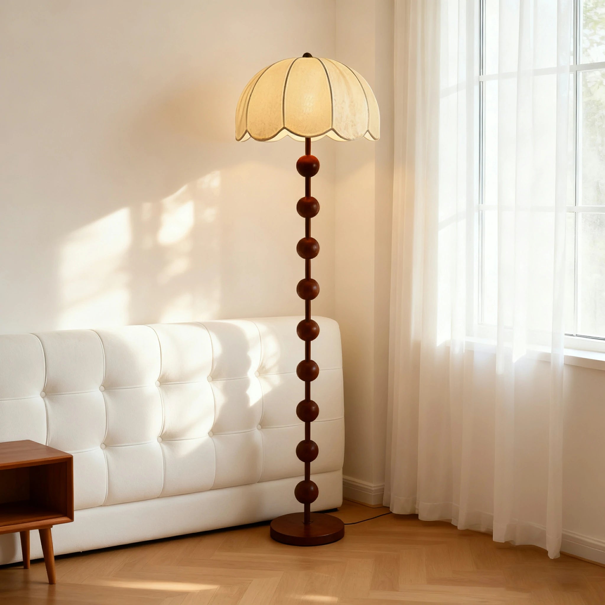 LIVARA Fabric Floor Lamp with Wood-Grain Iron Pole, 9/12W Pull Chain, Anti-Wobble Base & Fire-Retardant Lamp Holder