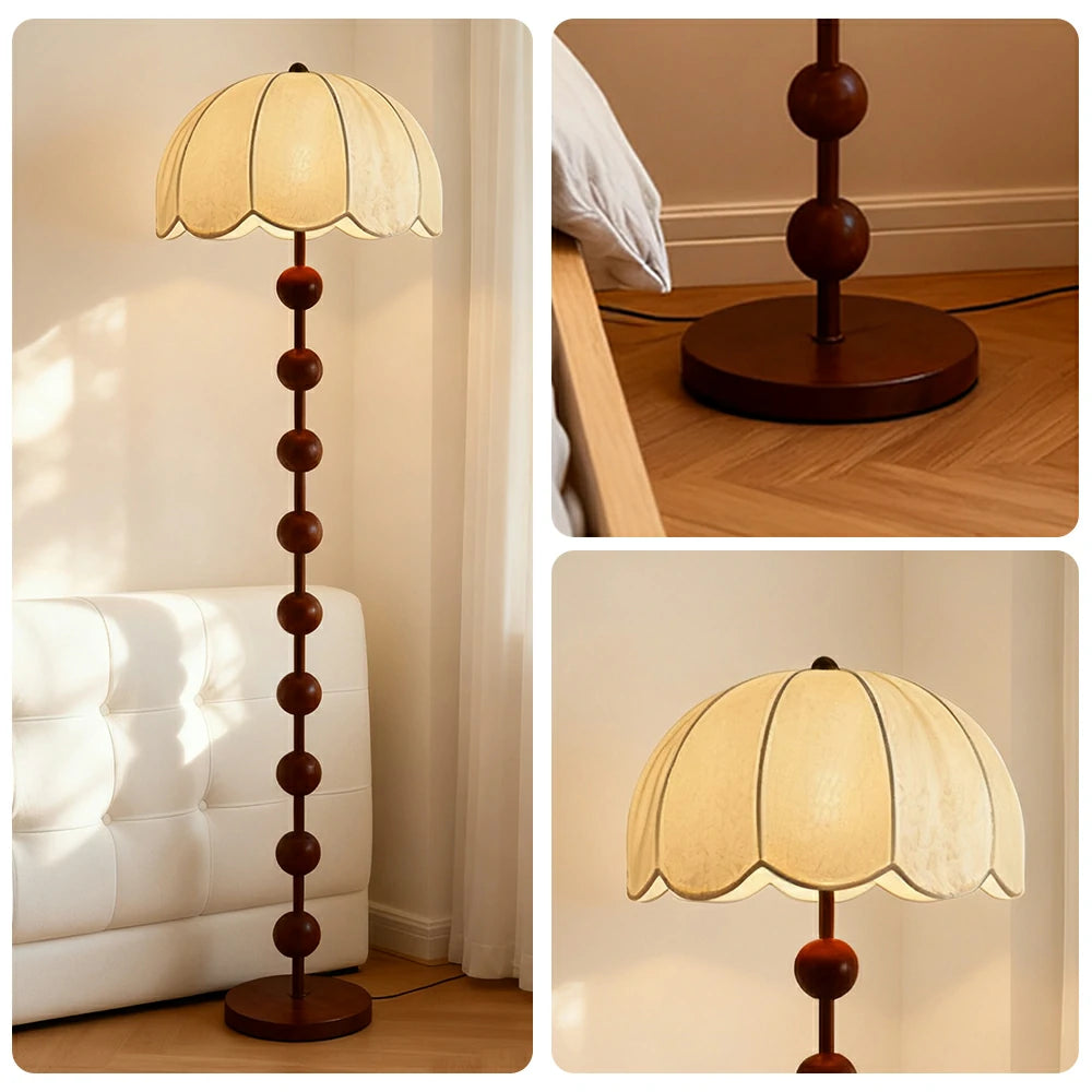 LIVARA Fabric Floor Lamp with Wood-Grain Iron Pole, 9/12W Pull Chain, Anti-Wobble Base & Fire-Retardant Lamp Holder