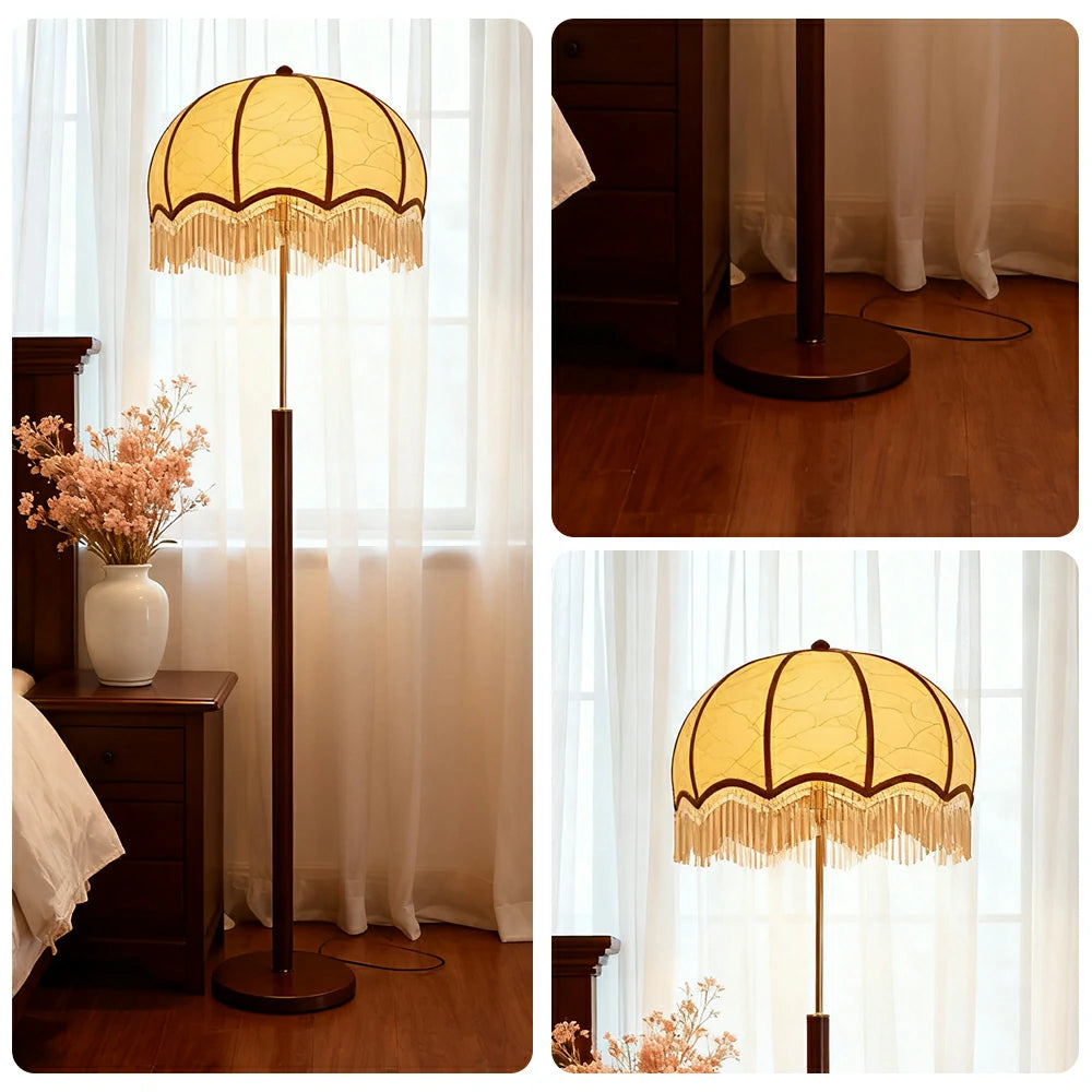 LIVARA Fabric Floor Lamp with Textured Shade, 9/12W Wood-Grain Metal Stand, Foot Switch & Stable Weighted Base