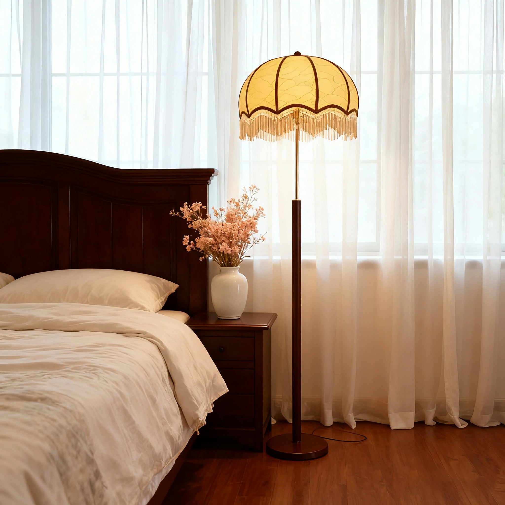 LIVARA Fabric Floor Lamp with Textured Shade, 9/12W Wood-Grain Metal Stand, Foot Switch & Stable Weighted Base