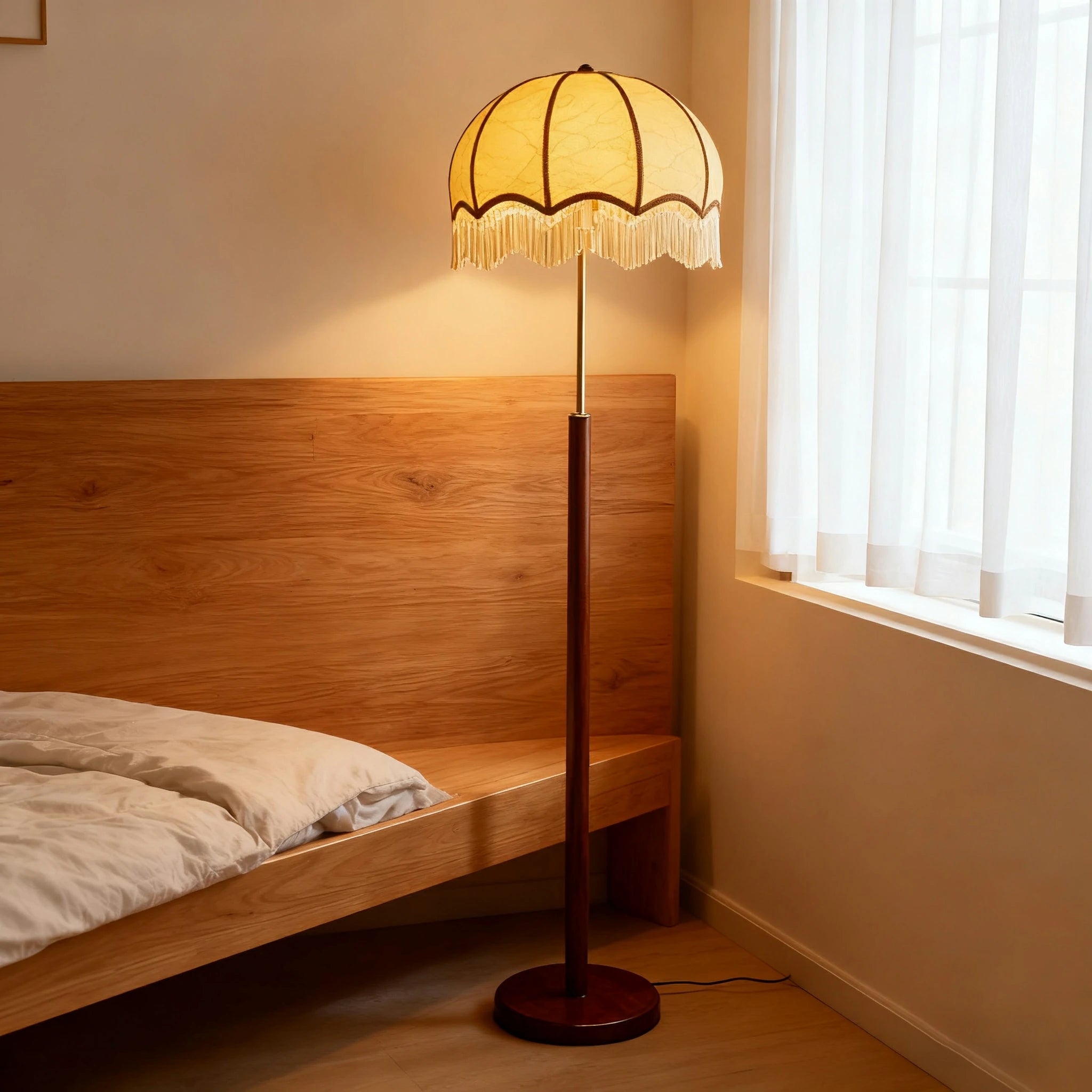 LIVARA Fabric Floor Lamp with Textured Shade, 9/12W Wood-Grain Metal Stand, Foot Switch & Stable Weighted Base