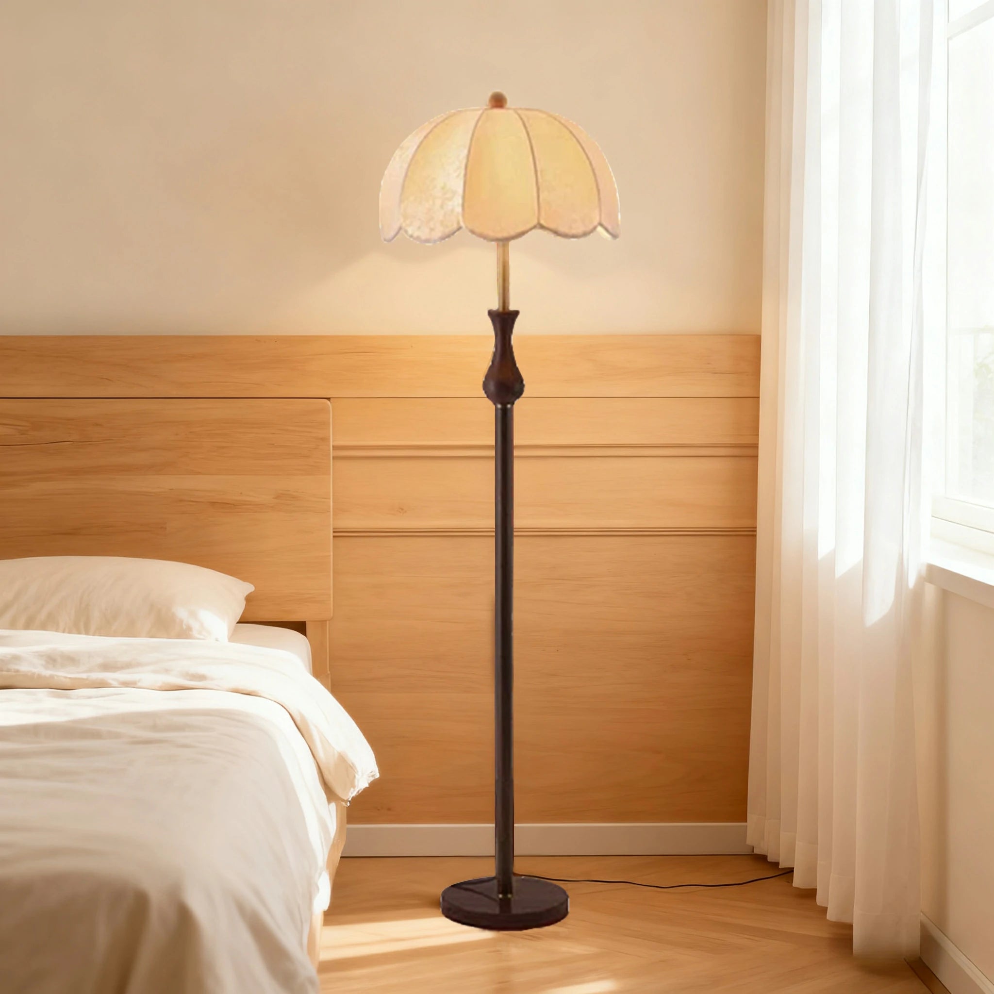 LIVARA Fabric Floor Lamp with Wood-Grain Iron Pole, 9/12W Pull Chain, Anti-Wobble Base & Fire-Retardant Lamp Holder - Gold&Walnut