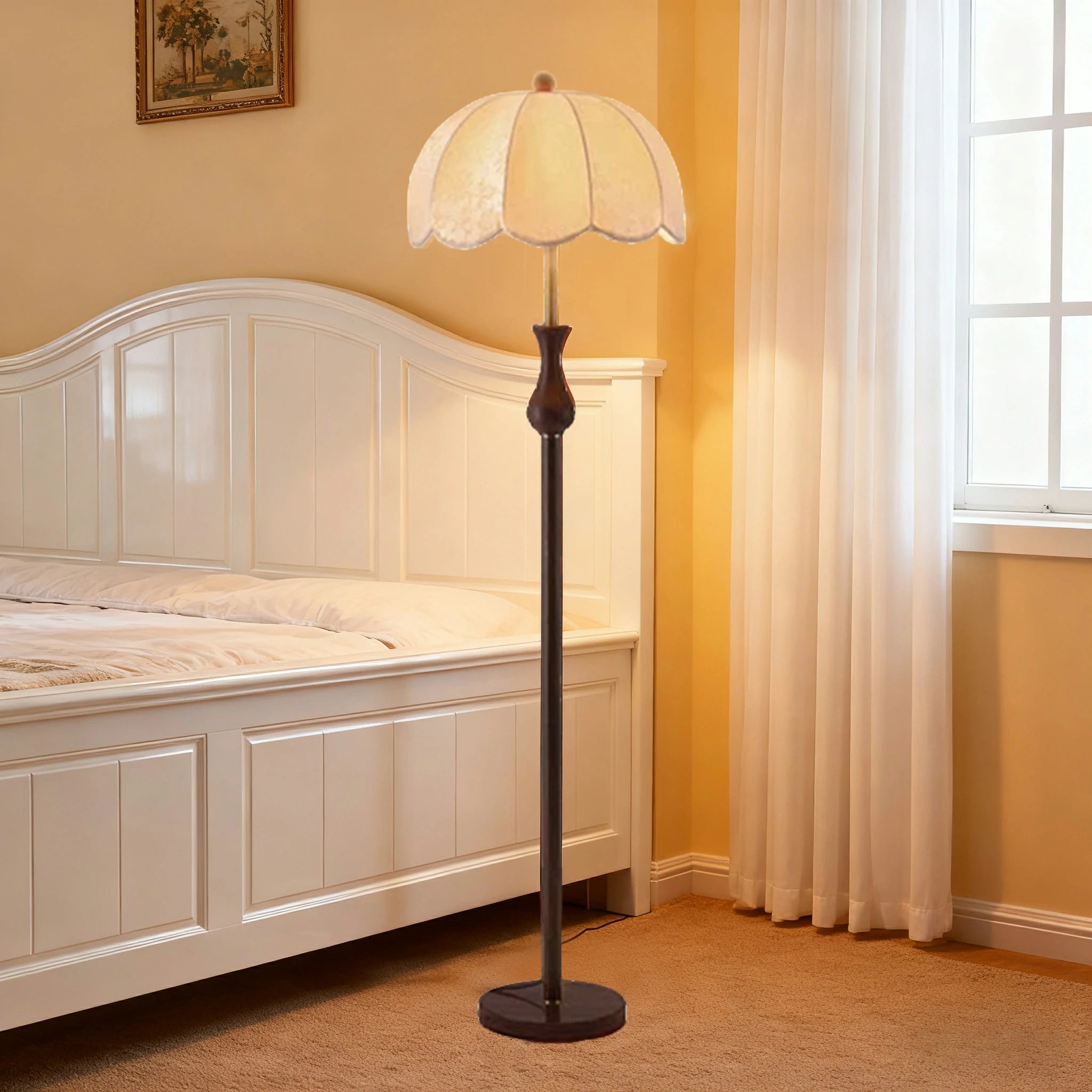 LIVARA Fabric Floor Lamp with Wood-Grain Iron Pole, 9/12W Pull Chain, Anti-Wobble Base & Fire-Retardant Lamp Holder - Gold&Walnut