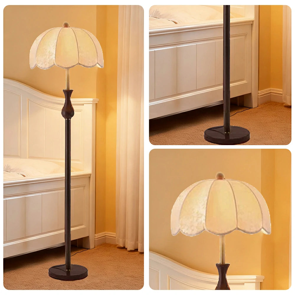 LIVARA Fabric Floor Lamp with Wood-Grain Iron Pole, 9/12W Pull Chain, Anti-Wobble Base & Fire-Retardant Lamp Holder - Gold&Walnut