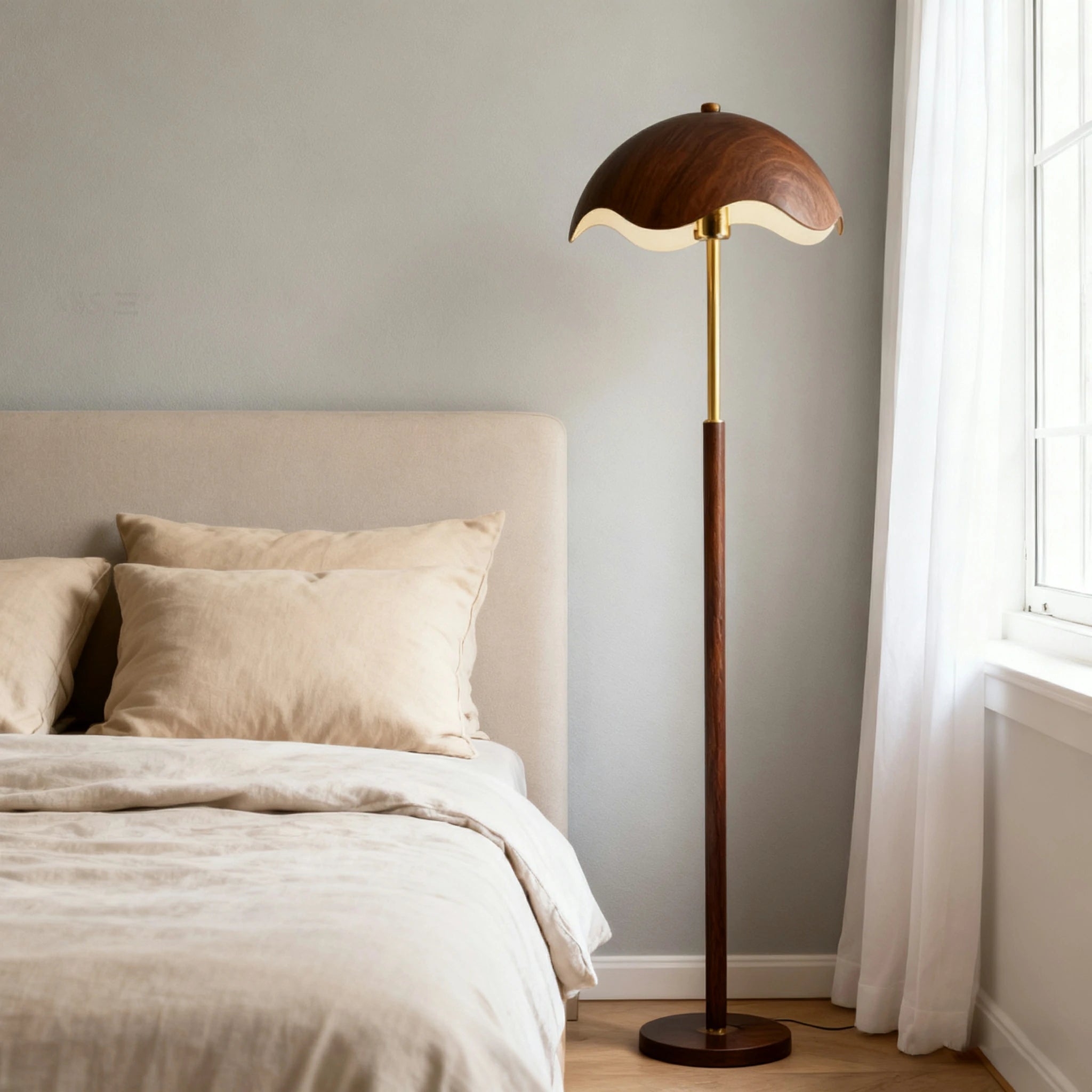 LIVARA Fabric Floor Lamp 9/12W with Pull Chain, Wood-Grain Metal Frame & Anti-Tip Weighted Base - Walnut