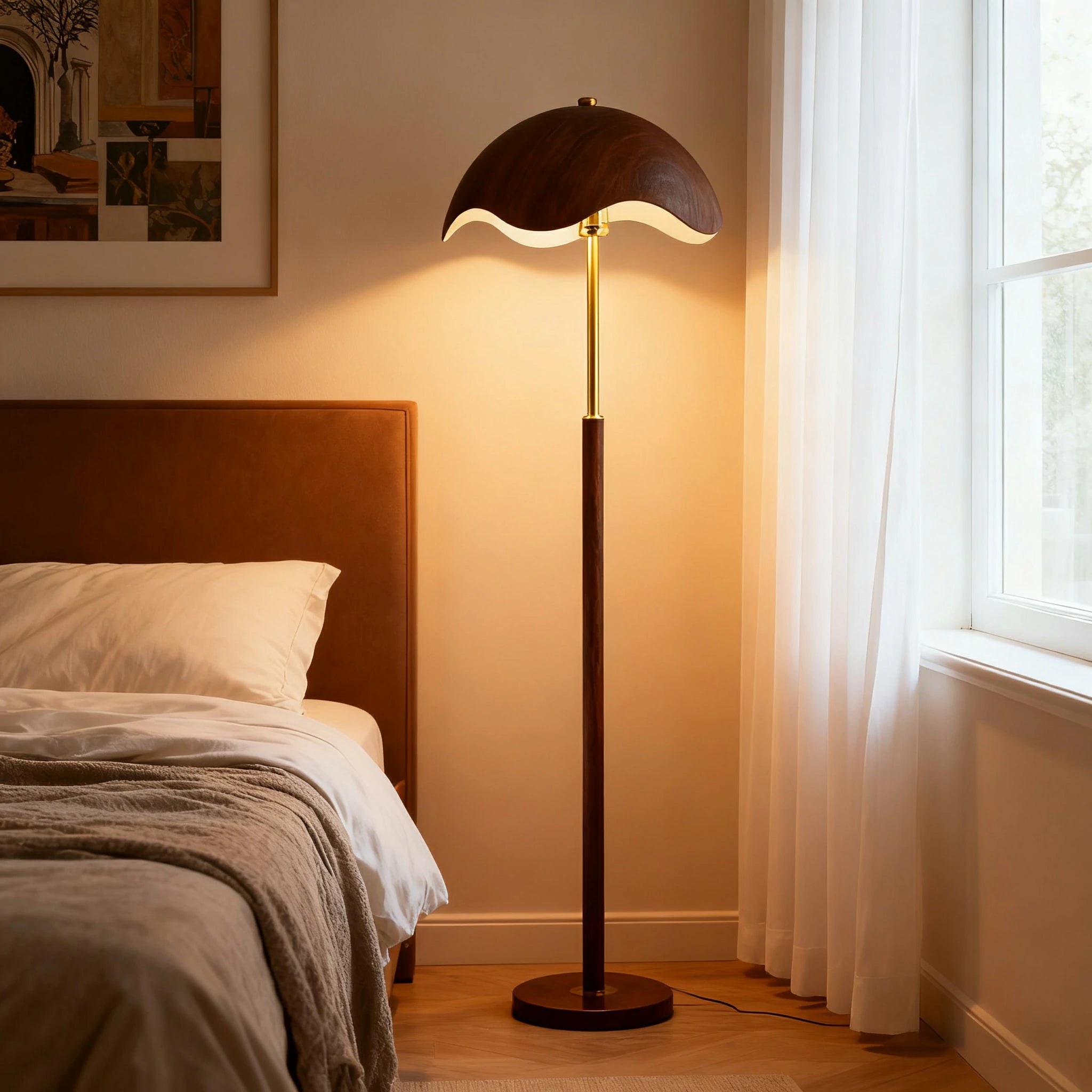 LIVARA Fabric Floor Lamp 9/12W with Pull Chain, Wood-Grain Metal Frame & Anti-Tip Weighted Base - Walnut
