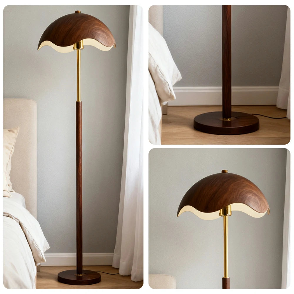 LIVARA Fabric Floor Lamp 9/12W with Pull Chain, Wood-Grain Metal Frame & Anti-Tip Weighted Base - Walnut