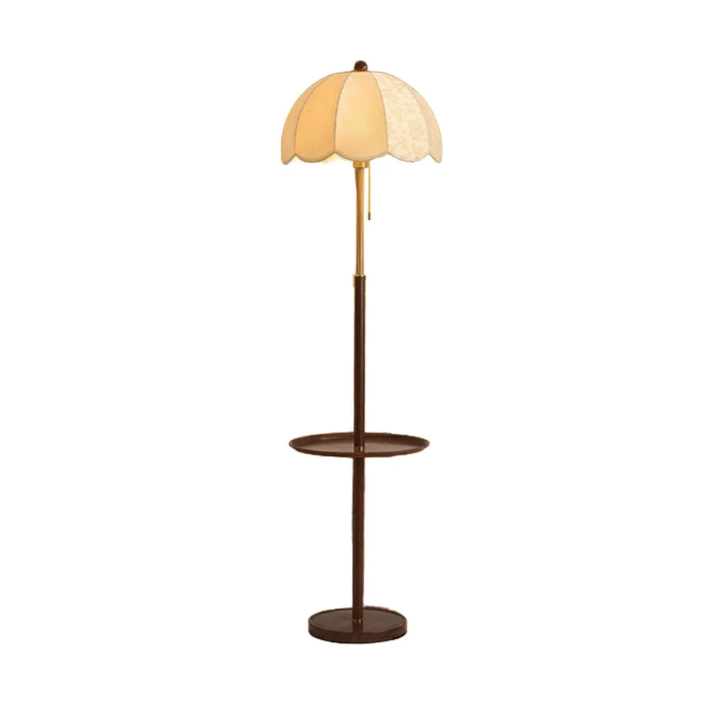 LIVARA Fabric Floor Lamp 9/12W with Walnut Wood-Grain Metal Frame, Pull Chain Switch & Stable Weighted Base