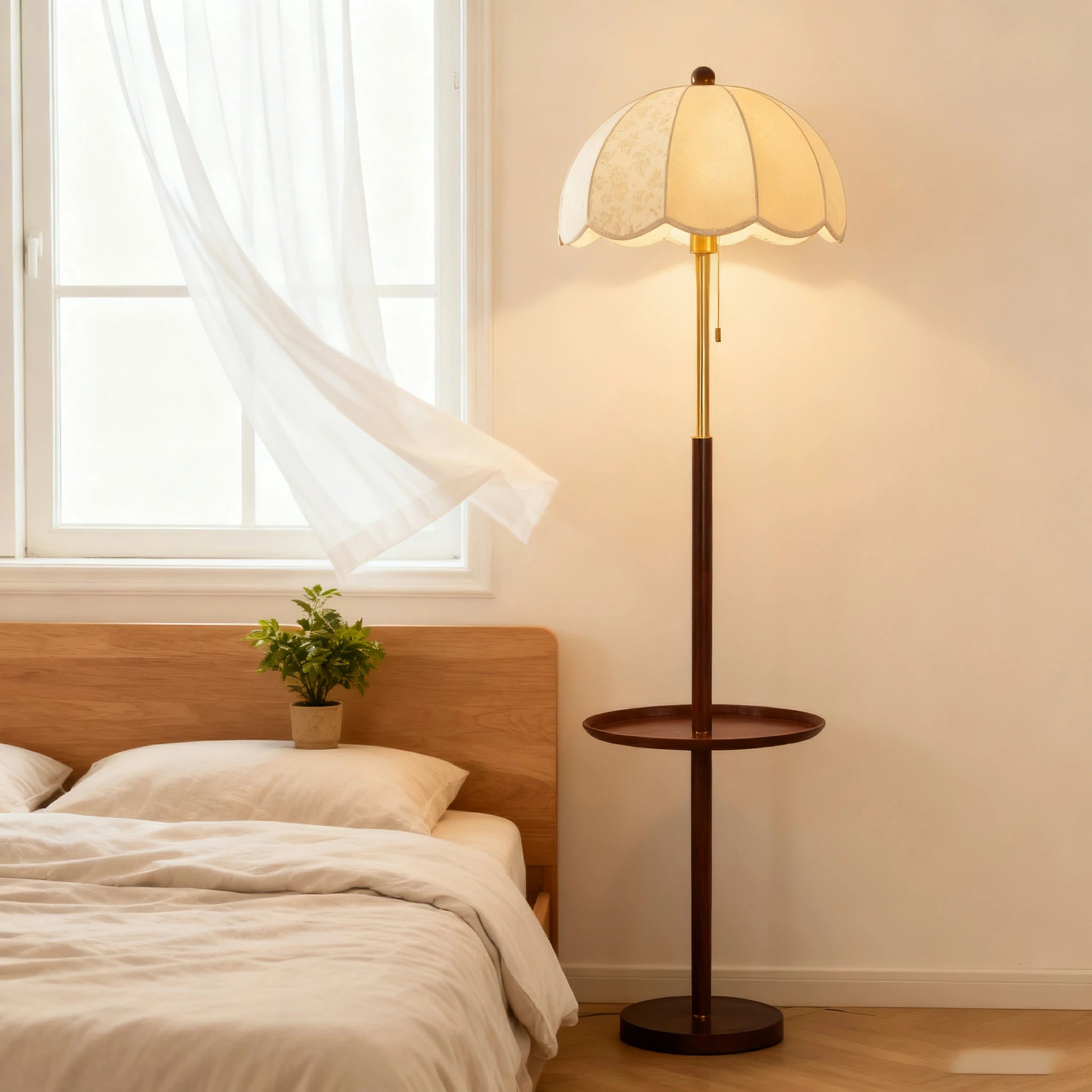 LIVARA Fabric Floor Lamp 9/12W with Walnut Wood-Grain Metal Frame, Pull Chain Switch & Stable Weighted Base