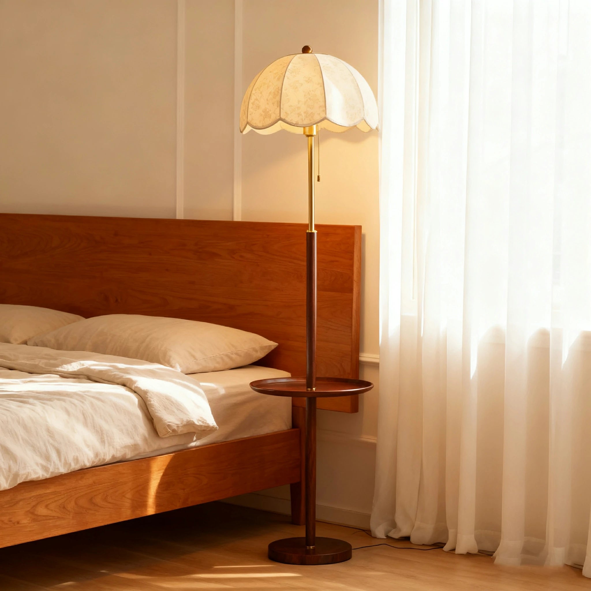 LIVARA Fabric Floor Lamp 9/12W with Walnut Wood-Grain Metal Frame, Pull Chain Switch & Stable Weighted Base