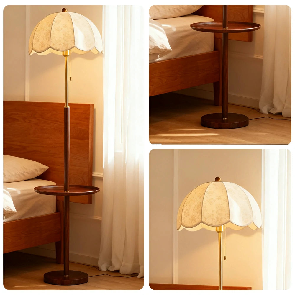 LIVARA Fabric Floor Lamp 9/12W with Walnut Wood-Grain Metal Frame, Pull Chain Switch & Stable Weighted Base