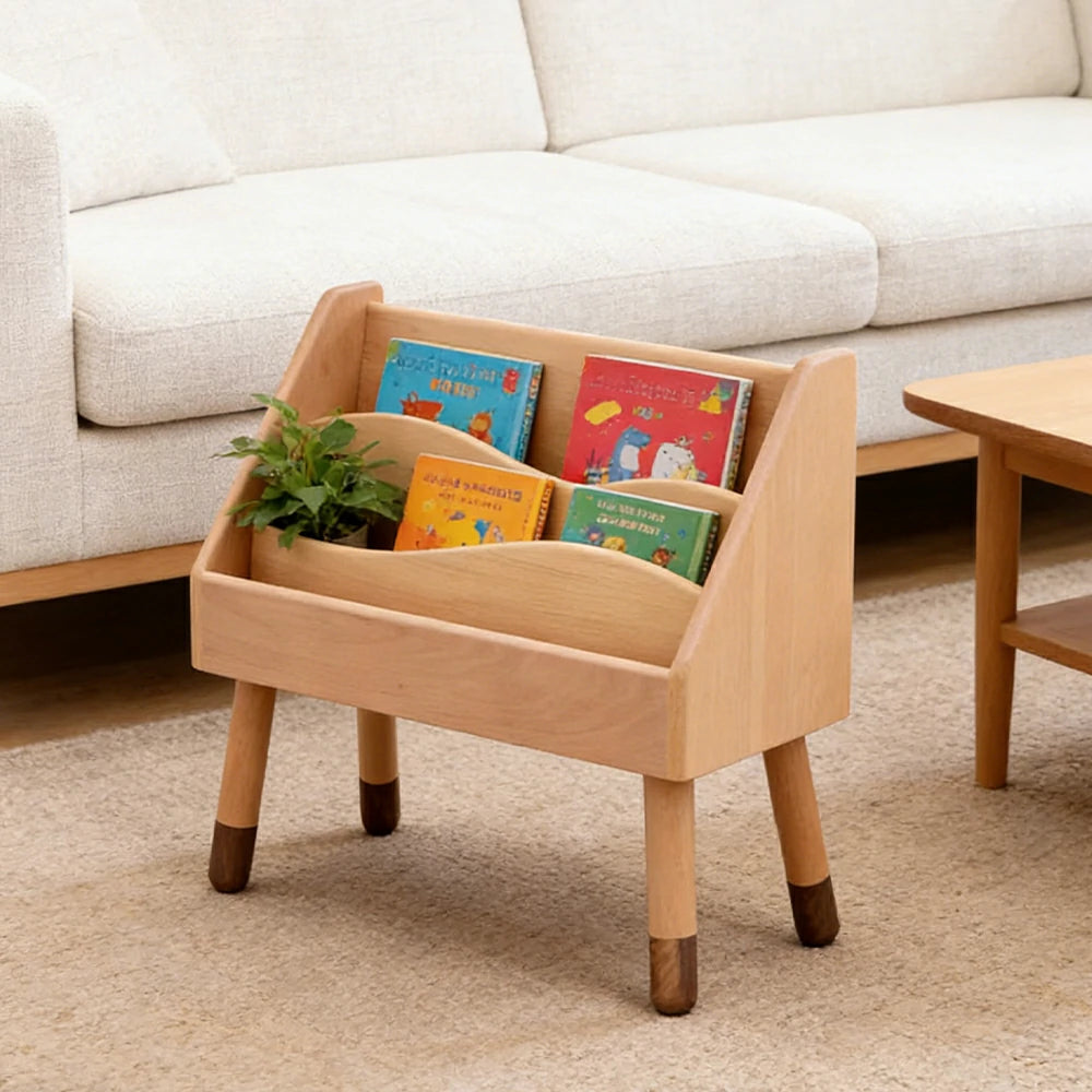 LIVARA Kids Wooden Bookshelf - Hidden Rear Storage, Rounded Edge Design, Solid Timber with North American Black Walnut Legs
