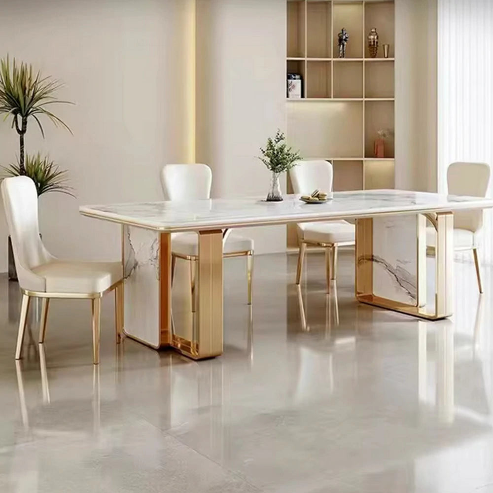 LIVARA 140/160cm Dining Table Sintered Stone Tabletop Heat & Scratch Resistant with Sturdy Metal Legs - White&Gold