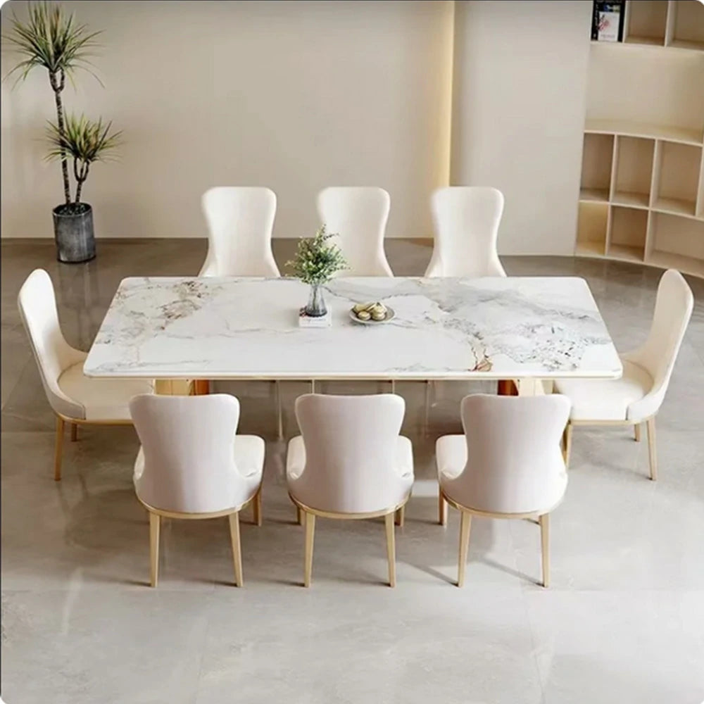 LIVARA 140/160cm Dining Table Sintered Stone Tabletop Heat & Scratch Resistant with Sturdy Metal Legs - White&Gold