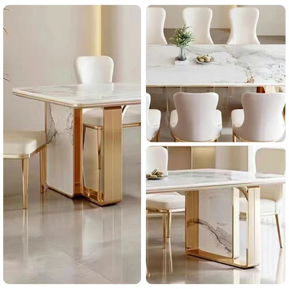 LIVARA 140/160cm Dining Table Sintered Stone Tabletop Heat & Scratch Resistant with Sturdy Metal Legs - White&Gold