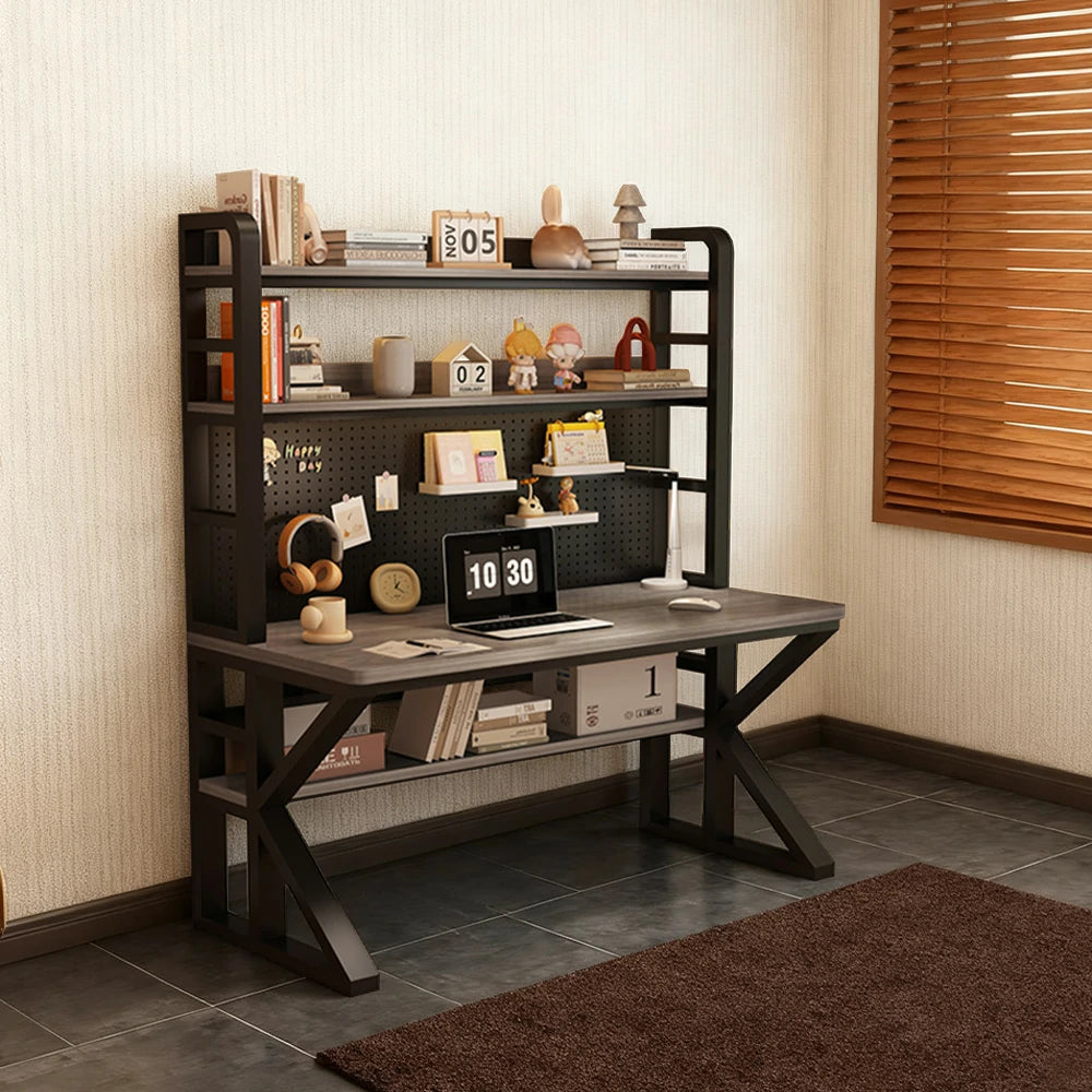 LIVARA Office Desk 100/120/140cm, 2-in-1 Space-Saving Design, Thick Panels, Steel Frame, Pegboard Storage - Black and Grey