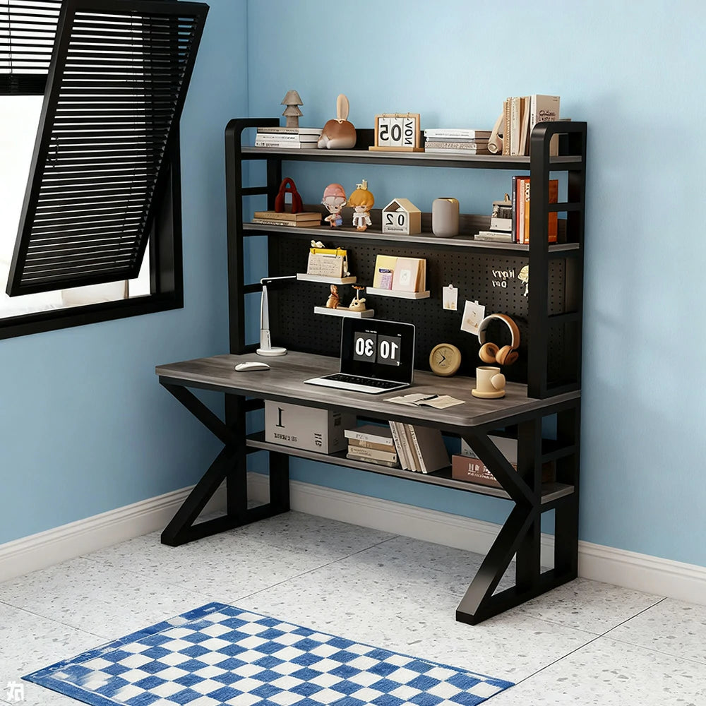 LIVARA Office Desk 100/120/140cm, 2-in-1 Space-Saving Design, Thick Panels, Steel Frame, Pegboard Storage - Black and Grey