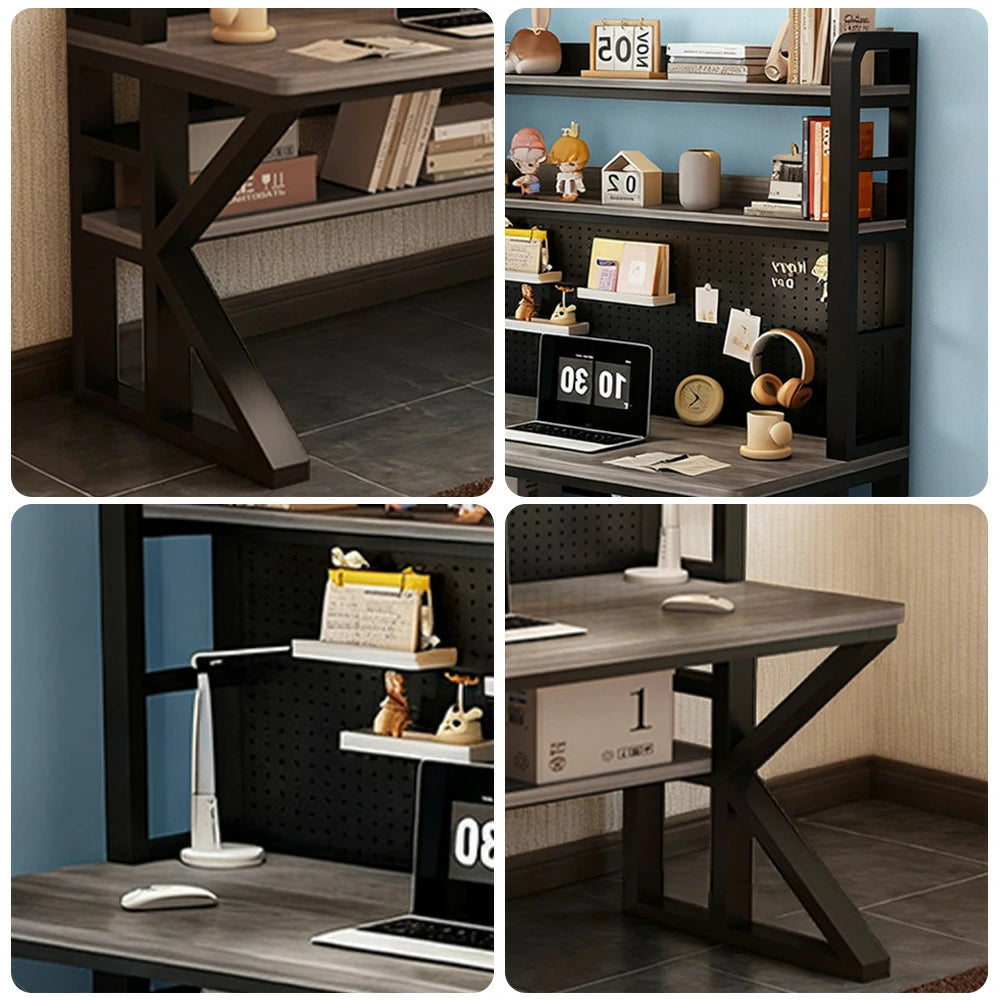 LIVARA Office Desk 100/120/140cm, 2-in-1 Space-Saving Design, Thick Panels, Steel Frame, Pegboard Storage - Black and Grey