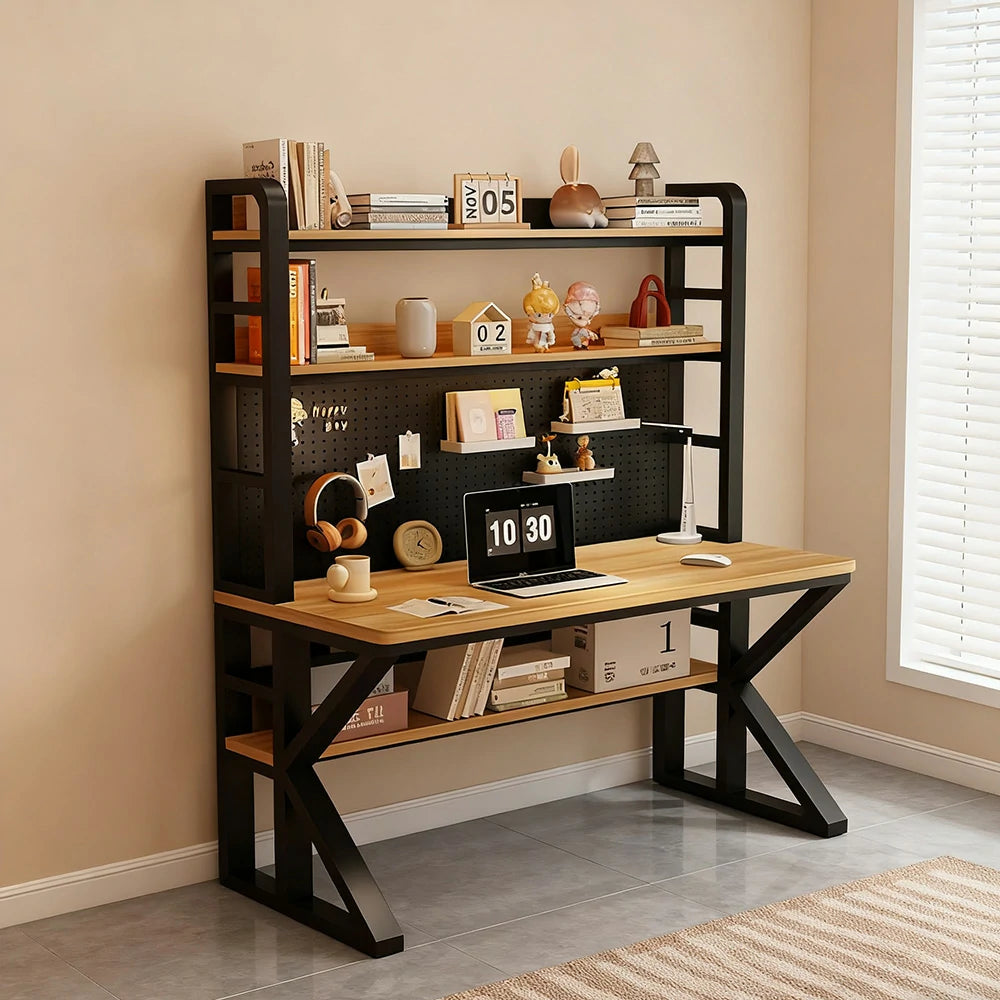 LIVARA Office Desk 100/120/140cm, 2-in-1 Space-Saving Design, Thick Panels, Steel Frame, Pegboard Storage - Black and Wood