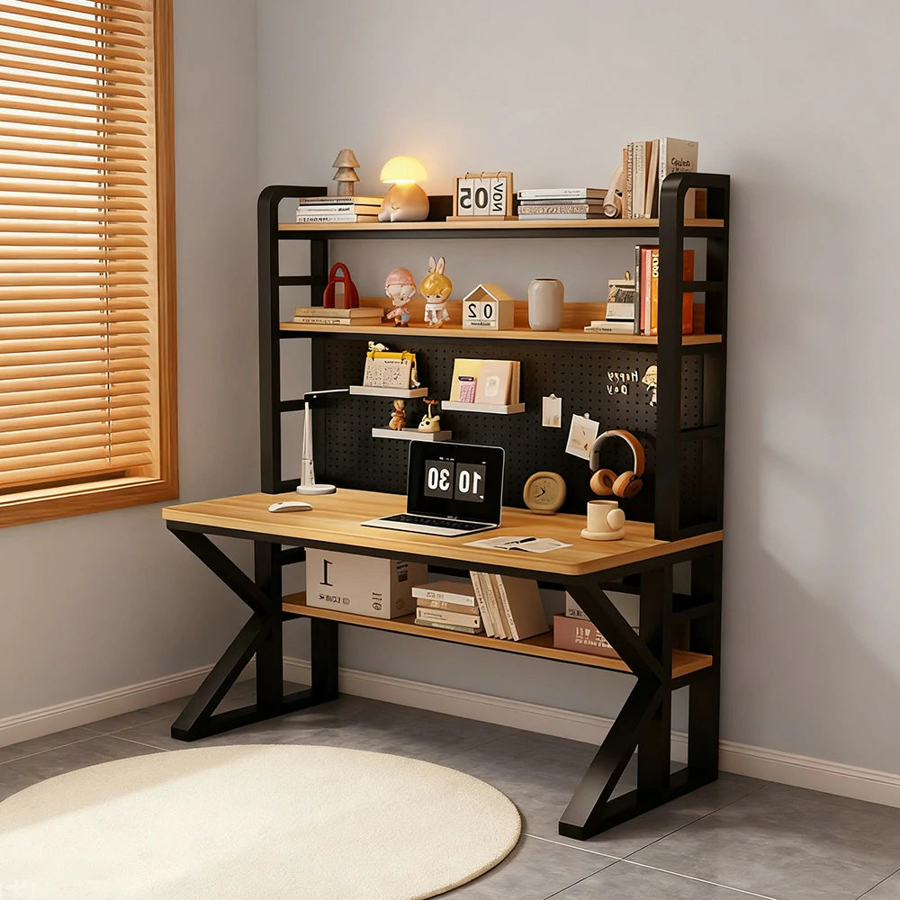 LIVARA Office Desk 100/120/140cm, 2-in-1 Space-Saving Design, Thick Panels, Steel Frame, Pegboard Storage - Black and Wood