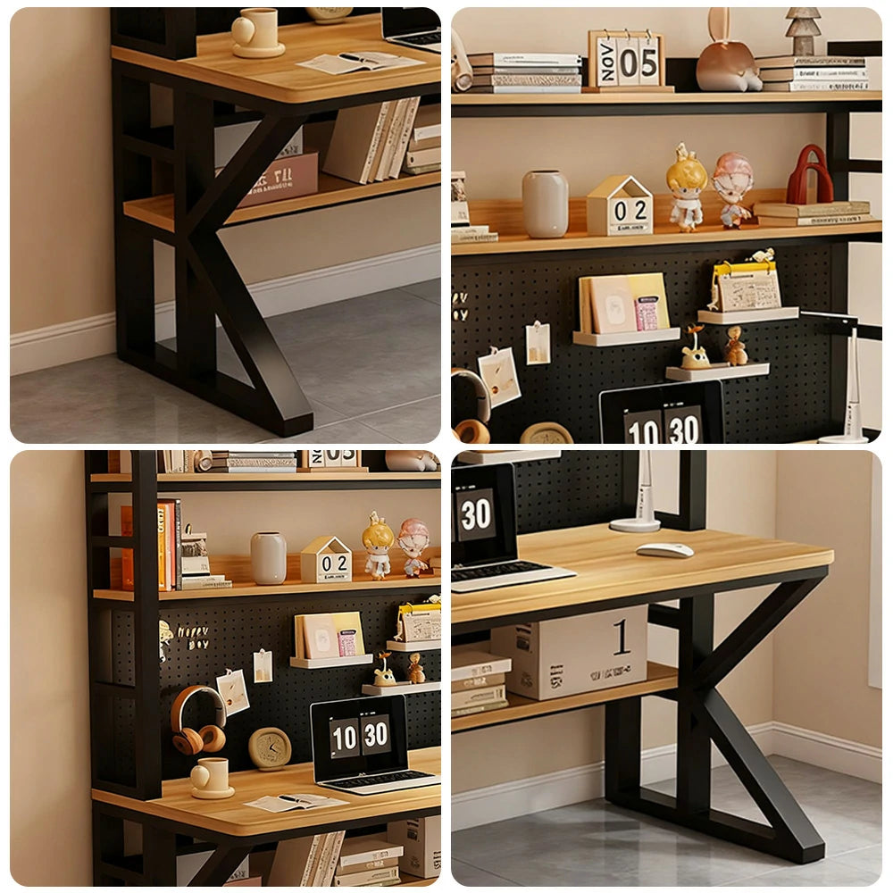 LIVARA Office Desk 100/120/140cm, 2-in-1 Space-Saving Design, Thick Panels, Steel Frame, Pegboard Storage - Black and Wood