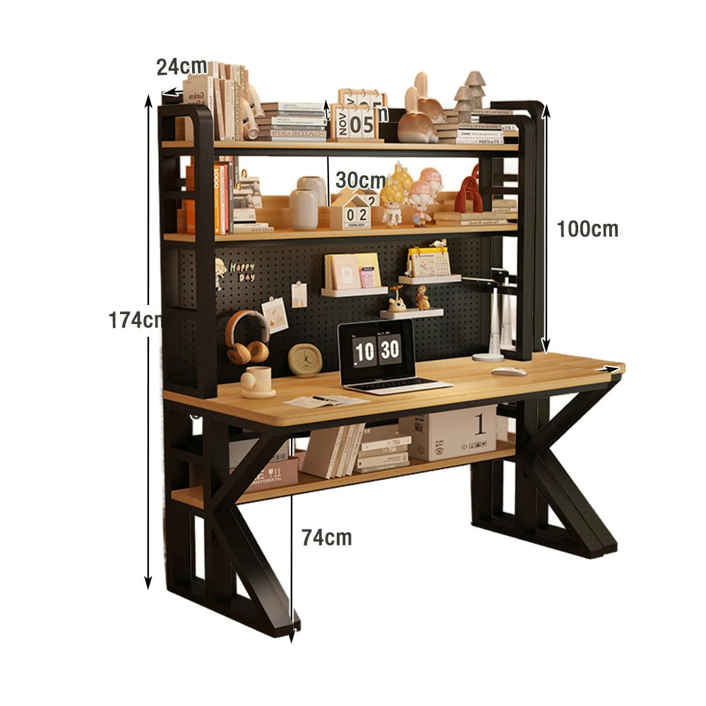 LIVARA Office Desk 100/120/140cm, 2-in-1 Space-Saving Design, Thick Panels, Steel Frame, Pegboard Storage - Black and Wood