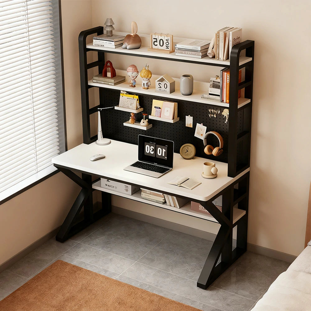 LIVARA Office Desk 100/120/140cm, 2-in-1 Space-Saving Design, Thick Panels, Steel Frame, Pegboard Storage - Black and White