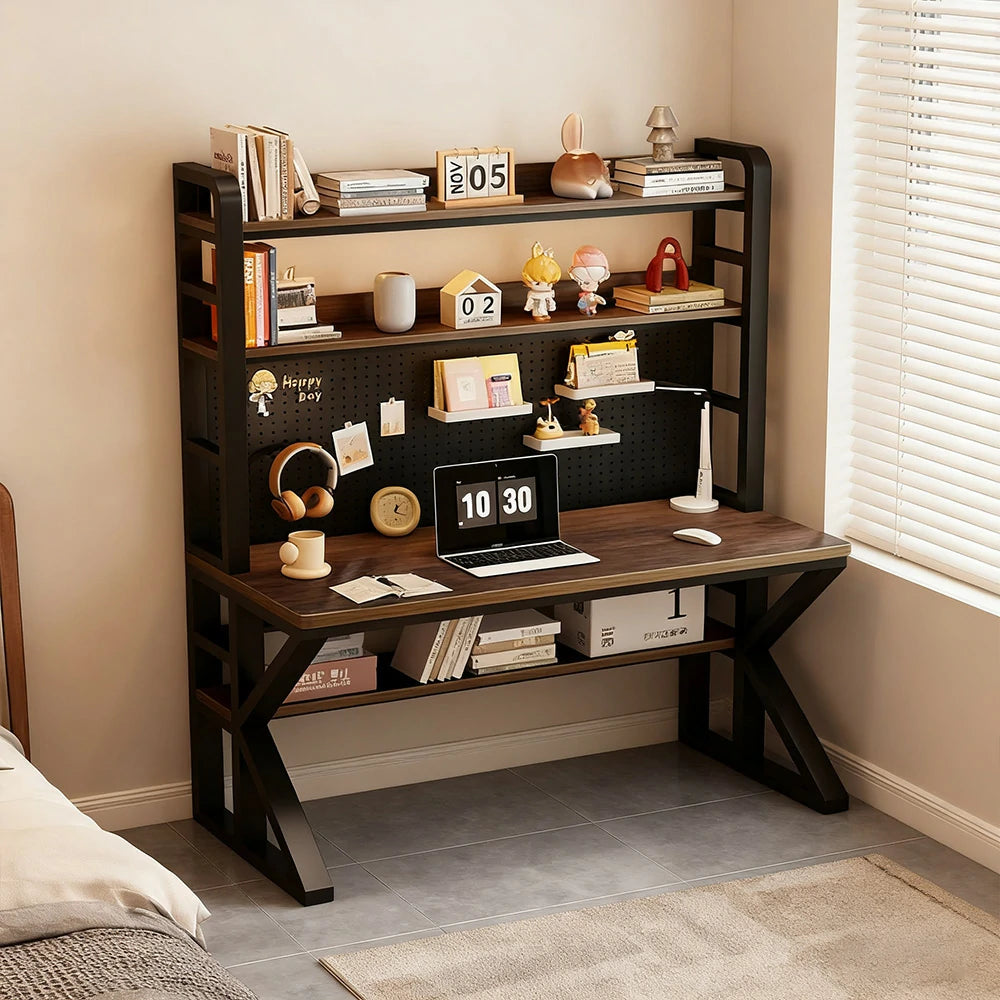 LIVARA Office Desk 100/120/140cm, 2-in-1 Space-Saving Design, Thick Panels, Steel Frame, Pegboard Storage - Black and Walunt