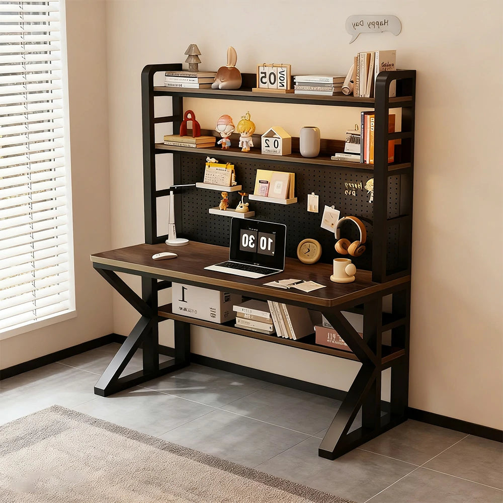 LIVARA Office Desk 100/120/140cm, 2-in-1 Space-Saving Design, Thick Panels, Steel Frame, Pegboard Storage - Black and Walunt