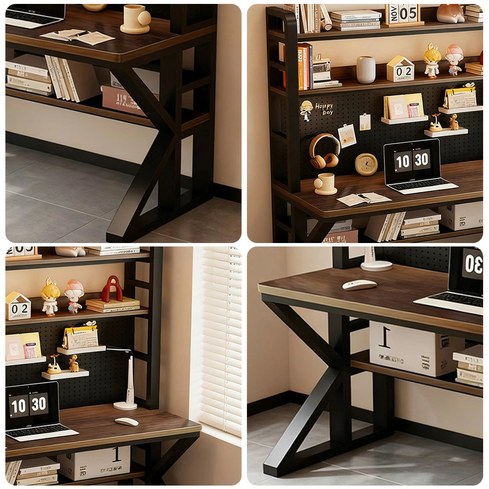 LIVARA Office Desk 100/120/140cm, 2-in-1 Space-Saving Design, Thick Panels, Steel Frame, Pegboard Storage - Black and Walunt