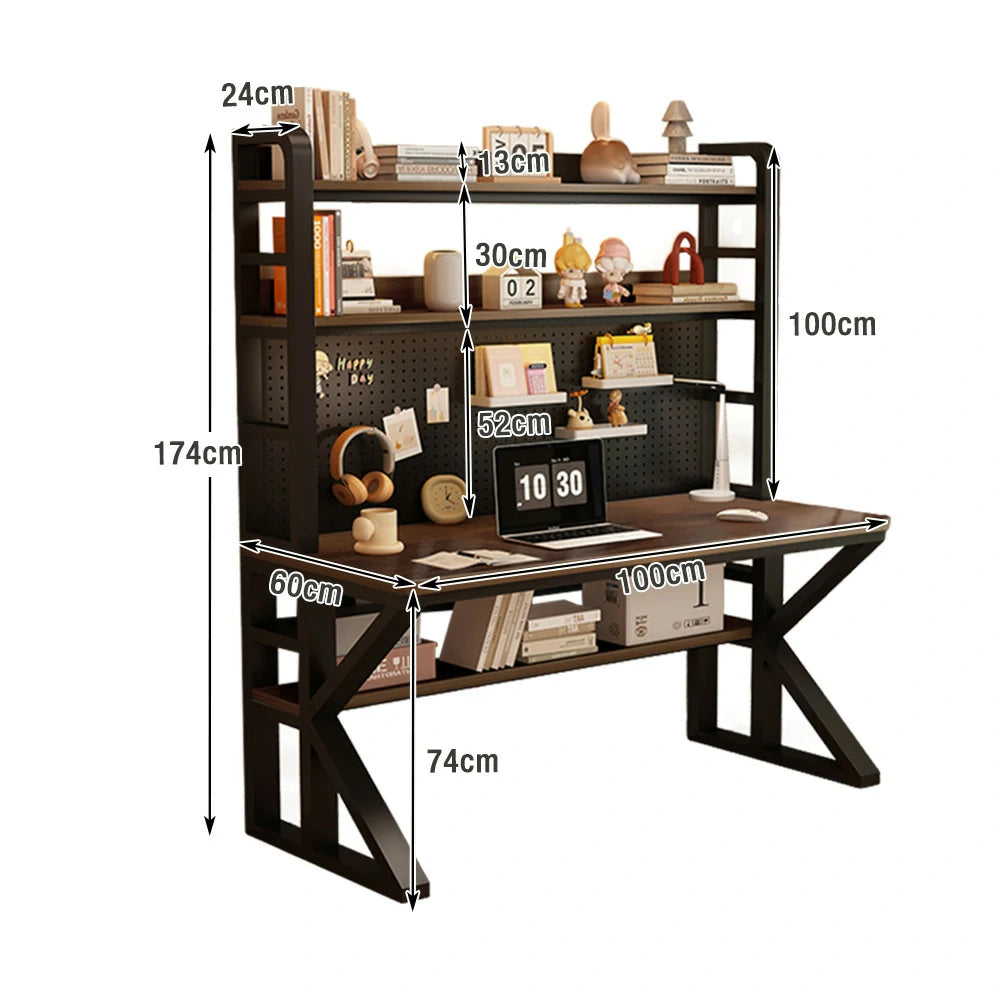 LIVARA Office Desk 100/120/140cm, 2-in-1 Space-Saving Design, Thick Panels, Steel Frame, Pegboard Storage - Black and Walunt